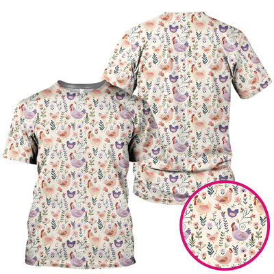 Cute Farm Chicken Floral Garden Pattern Scrub Top, Comfortable Scrubs for Nurses