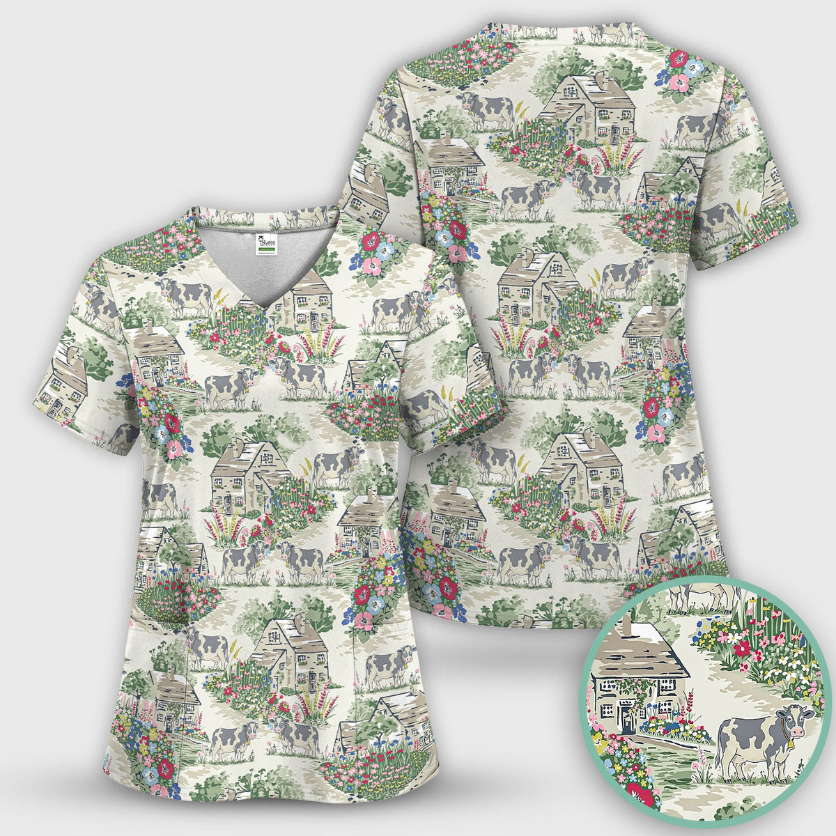 Charming Countryside Cows Cottage Garden Pattern Scrub Top, Comfortable Scrubs for Nurses
