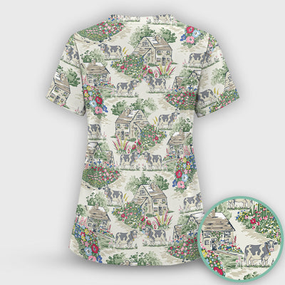 Charming Countryside Cows Cottage Garden Pattern Scrub Top, Comfortable Scrubs for Nurses