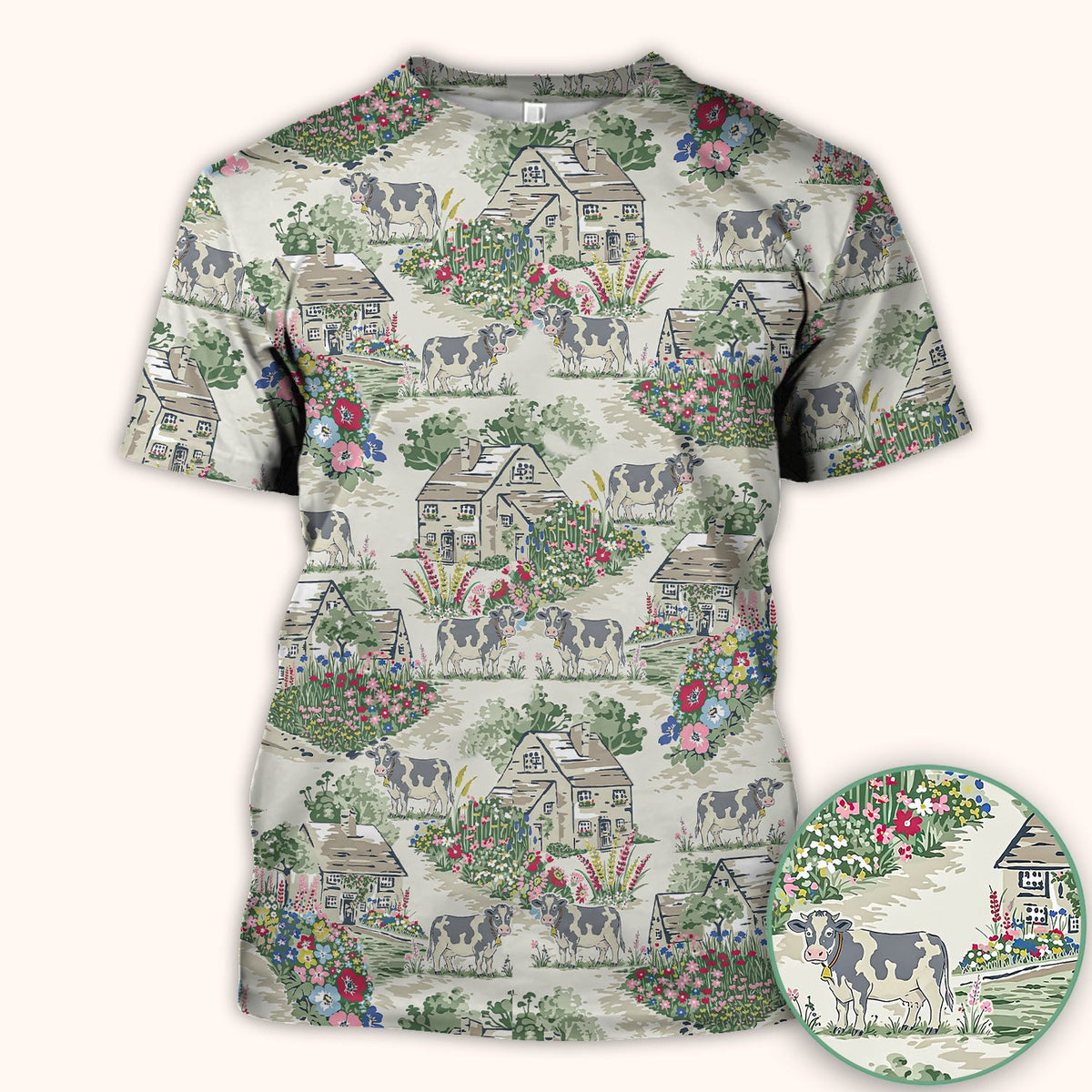 Charming Countryside Cows Cottage Garden Pattern Scrub Top, Comfortable Scrubs for Nurses