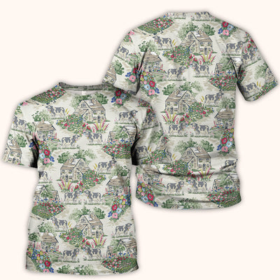Charming Countryside Cows Cottage Garden Pattern Scrub Top, Comfortable Scrubs for Nurses
