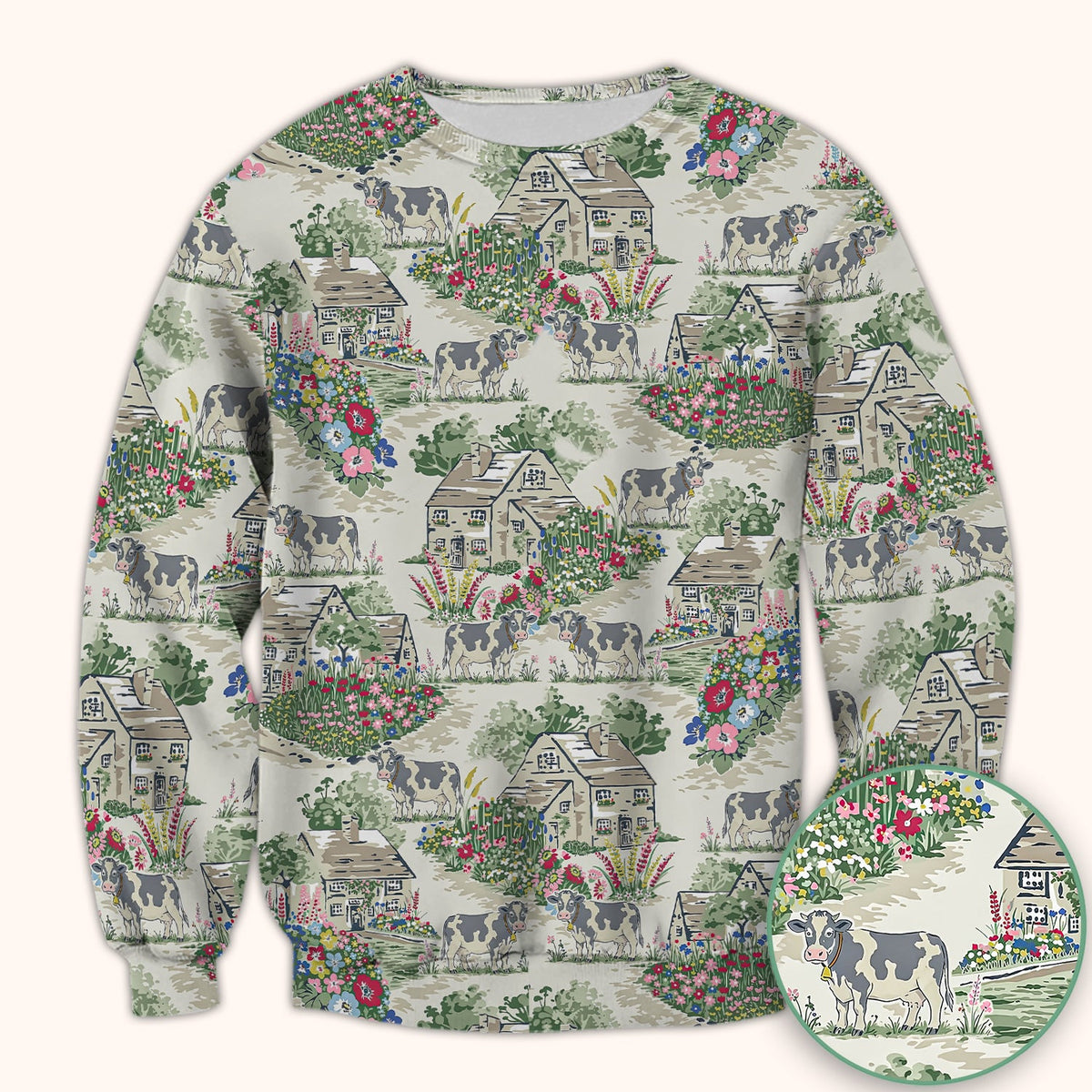Charming Countryside Cows Cottage Garden Pattern Scrub Top, Comfortable Scrubs for Nurses