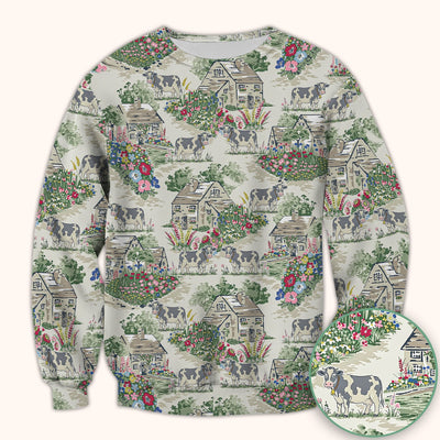 Charming Countryside Cows Cottage Garden Pattern Scrub Top, Comfortable Scrubs for Nurses