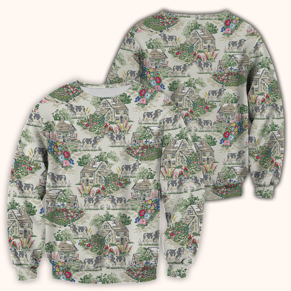 Charming Countryside Cows Cottage Garden Pattern Scrub Top, Comfortable Scrubs for Nurses