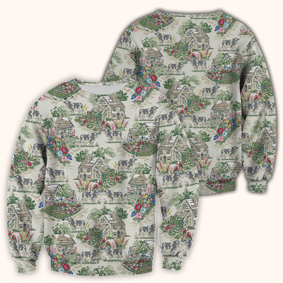 Charming Countryside Cows Cottage Garden Pattern Scrub Top, Comfortable Scrubs for Nurses