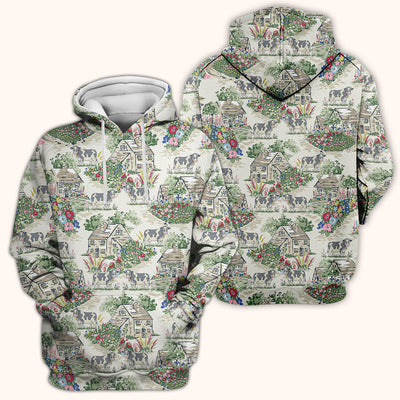 Charming Countryside Cows Cottage Garden Pattern Scrub Top, Comfortable Scrubs for Nurses