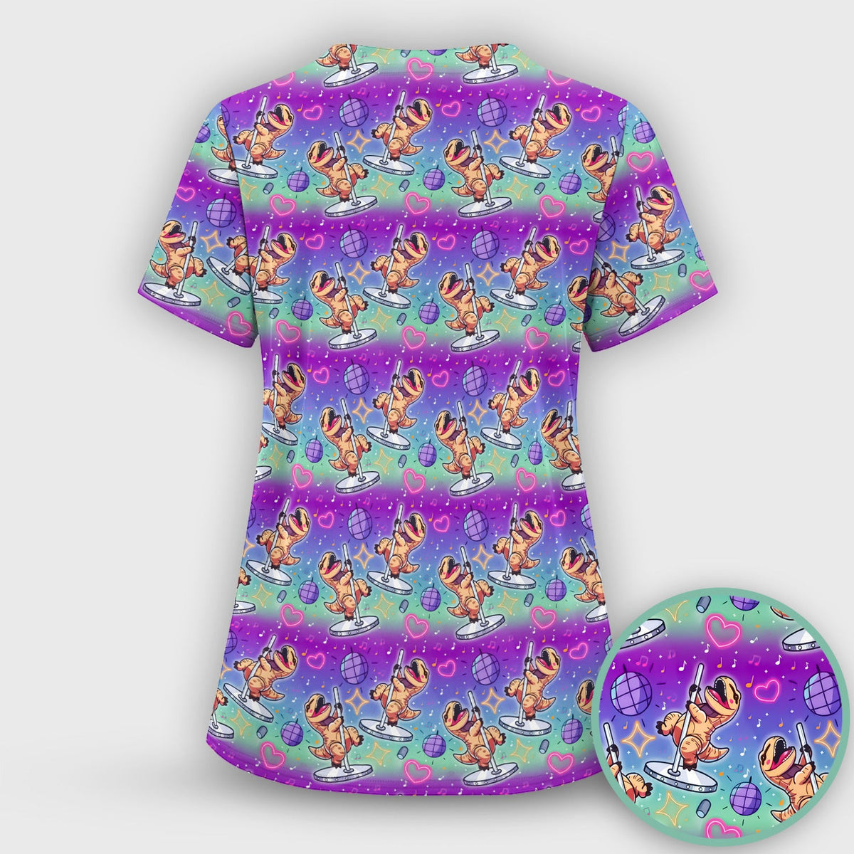 Funny Dancing Dinosaur Disco Party Pattern Nurse Scrub Top, Comfortable Scrubs for Nurses