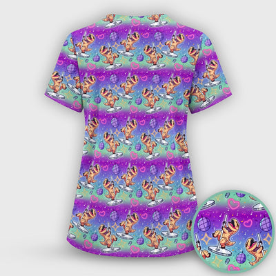 Funny Dancing Dinosaur Disco Party Pattern Nurse Scrub Top, Comfortable Scrubs for Nurses