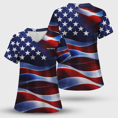 Personalized American Flag Stars Stripes Pattern Nurse Scrub Top, Comfortable Scrubs for Nurses