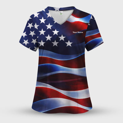 Personalized American Flag Stars Stripes Pattern Nurse Scrub Top, Comfortable Scrubs for Nurses