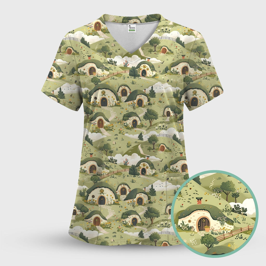Cozy Hobbit Village Landscape Pattern Scrub Top, Comfortable Scrubs for Nurses