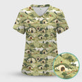 Cozy Hobbit Village Landscape Pattern Scrub Top, Comfortable Scrubs for Nurses