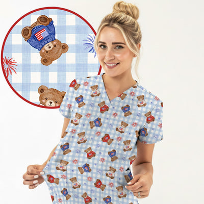 Cute Patriotic Teddy Bear Firework Gingham Pattern Scrub Top, Comfortable Scrubs for Nurses