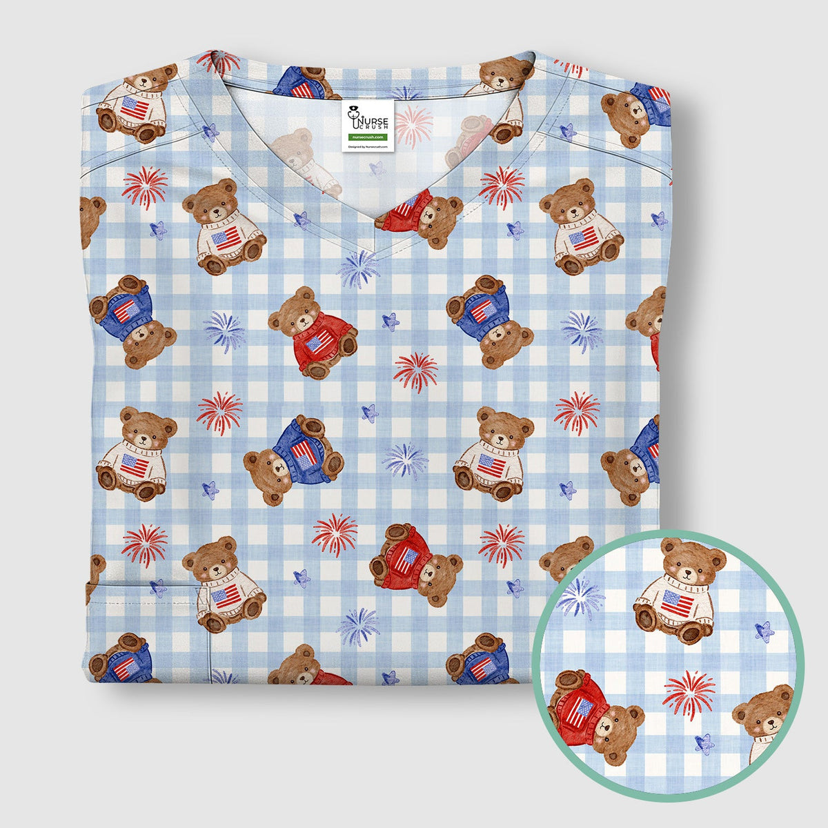 Cute Patriotic Teddy Bear Firework Gingham Pattern Scrub Top, Comfortable Scrubs for Nurses