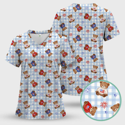 Cute Patriotic Teddy Bear Firework Gingham Pattern Scrub Top, Comfortable Scrubs for Nurses