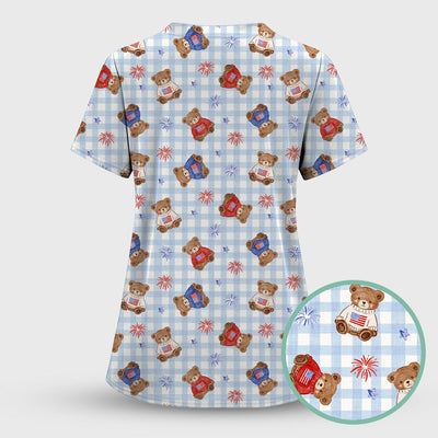 Cute Patriotic Teddy Bear Firework Gingham Pattern Scrub Top, Comfortable Scrubs for Nurses