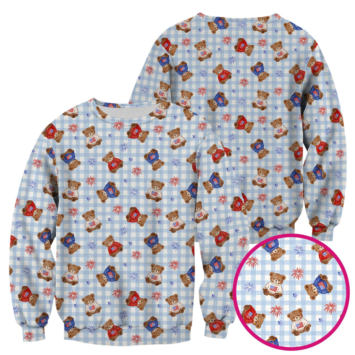 Cute Patriotic Teddy Bear Firework Gingham Pattern Scrub Top, Comfortable Scrubs for Nurses