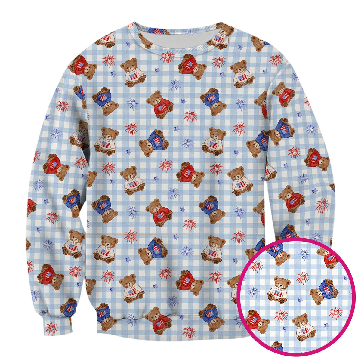 Cute Patriotic Teddy Bear Firework Gingham Pattern Scrub Top, Comfortable Scrubs for Nurses