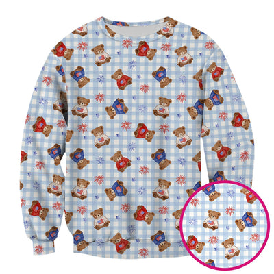Cute Patriotic Teddy Bear Firework Gingham Pattern Scrub Top, Comfortable Scrubs for Nurses