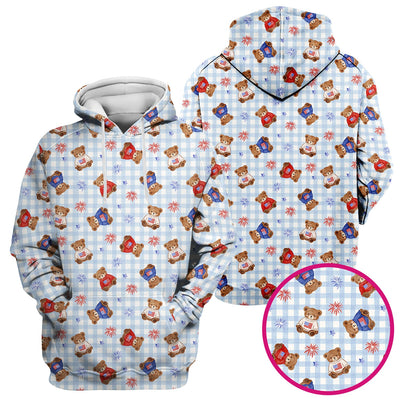 Cute Patriotic Teddy Bear Firework Gingham Pattern Scrub Top, Comfortable Scrubs for Nurses