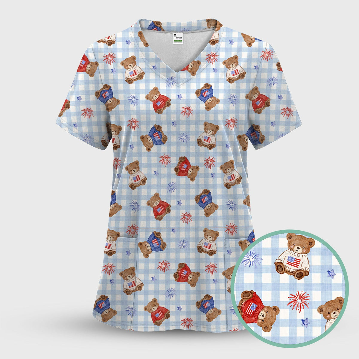 Cute Patriotic Teddy Bear Firework Gingham Pattern Scrub Top, Comfortable Scrubs for Nurses