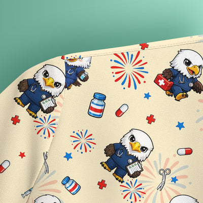 Patriotic Nurse Eagle Fireworks Medical Pattern Scrub Top, Breathable Fabrics Nursing Uniform