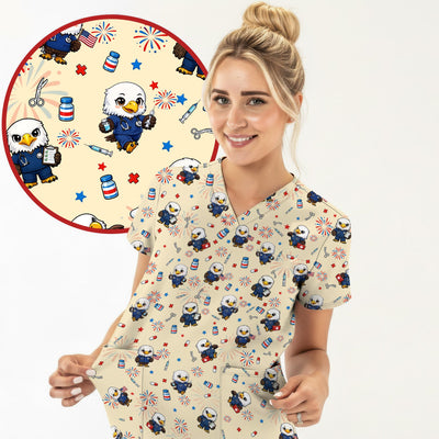 Patriotic Nurse Eagle Fireworks Medical Pattern Scrub Top, Breathable Fabrics Nursing Uniform