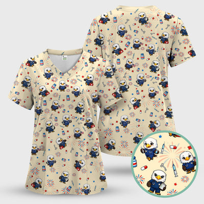 Patriotic Nurse Eagle Fireworks Medical Pattern Scrub Top, Breathable Fabrics Nursing Uniform