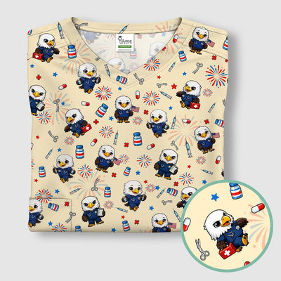 Patriotic Nurse Eagle Fireworks Medical Pattern Scrub Top, Breathable Fabrics Nursing Uniform