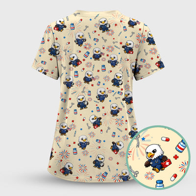 Patriotic Nurse Eagle Fireworks Medical Pattern Scrub Top, Breathable Fabrics Nursing Uniform