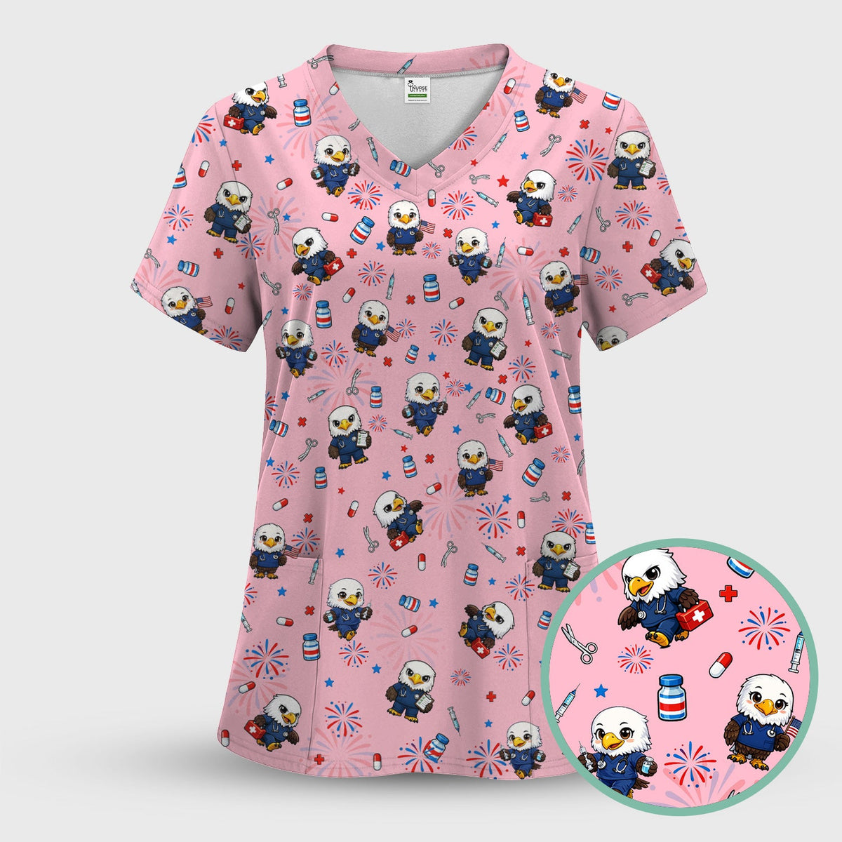 Patriotic Nurse Eagle Fireworks Medical Pattern Scrub Top, Breathable Fabrics Nursing Uniform