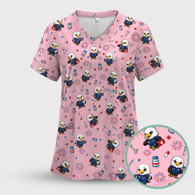 Patriotic Nurse Eagle Fireworks Medical Pattern Scrub Top, Breathable Fabrics Nursing Uniform