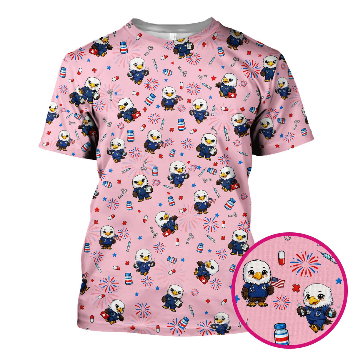 Patriotic Nurse Eagle Fireworks Medical Pattern Scrub Top, Breathable Fabrics Nursing Uniform