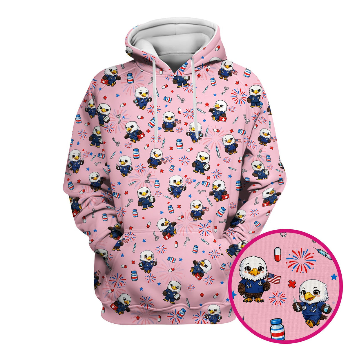 Patriotic Nurse Eagle Fireworks Medical Pattern Scrub Top, Breathable Fabrics Nursing Uniform