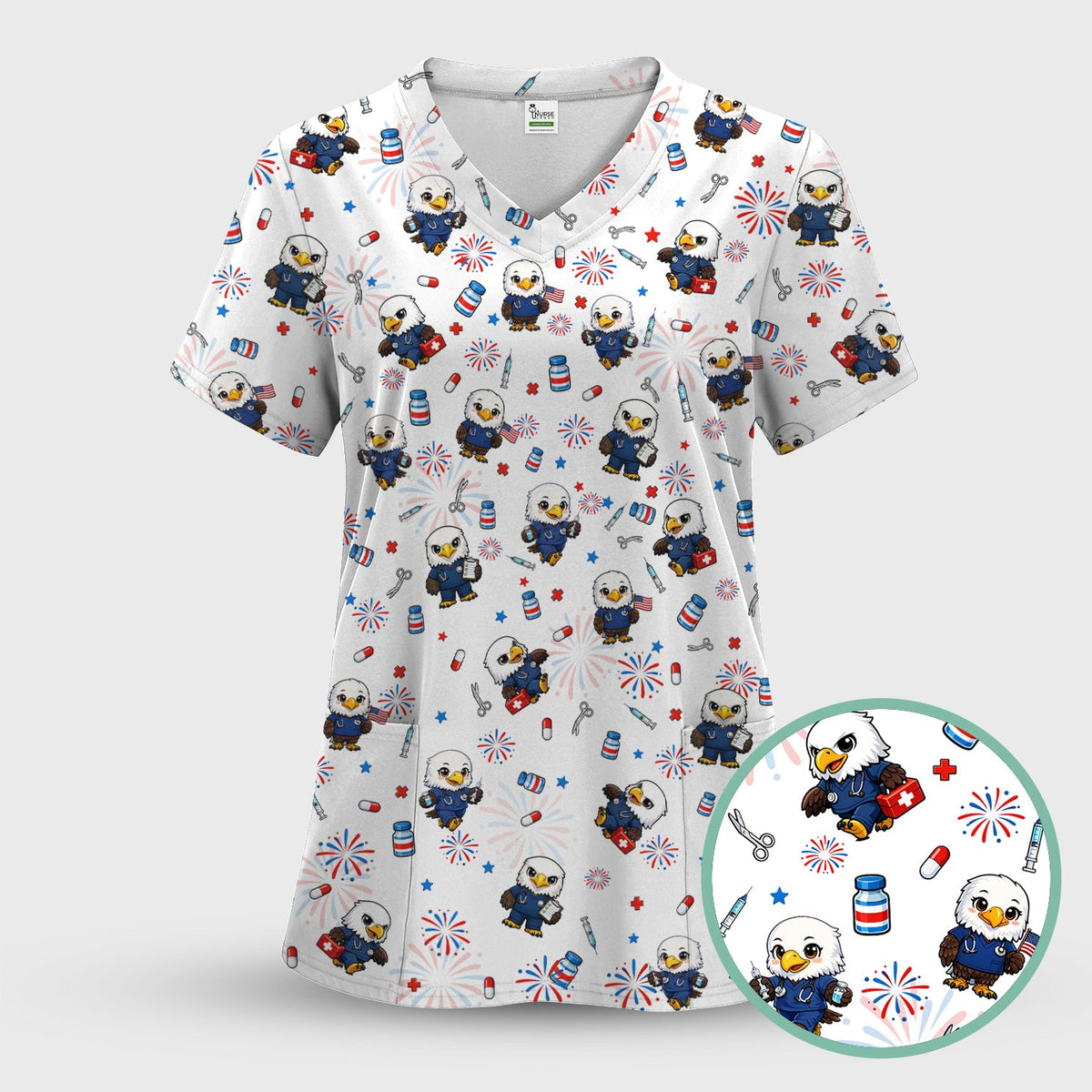 Patriotic Nurse Eagle Fireworks Medical Pattern Scrub Top, Breathable Fabrics Nursing Uniform
