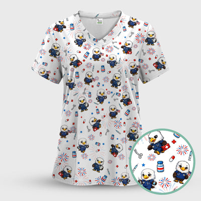 Patriotic Nurse Eagle Fireworks Medical Pattern Scrub Top, Breathable Fabrics Nursing Uniform