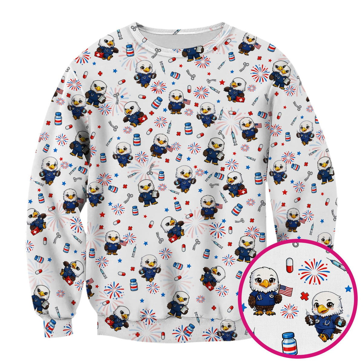 Patriotic Nurse Eagle Fireworks Medical Pattern Scrub Top, Breathable Fabrics Nursing Uniform