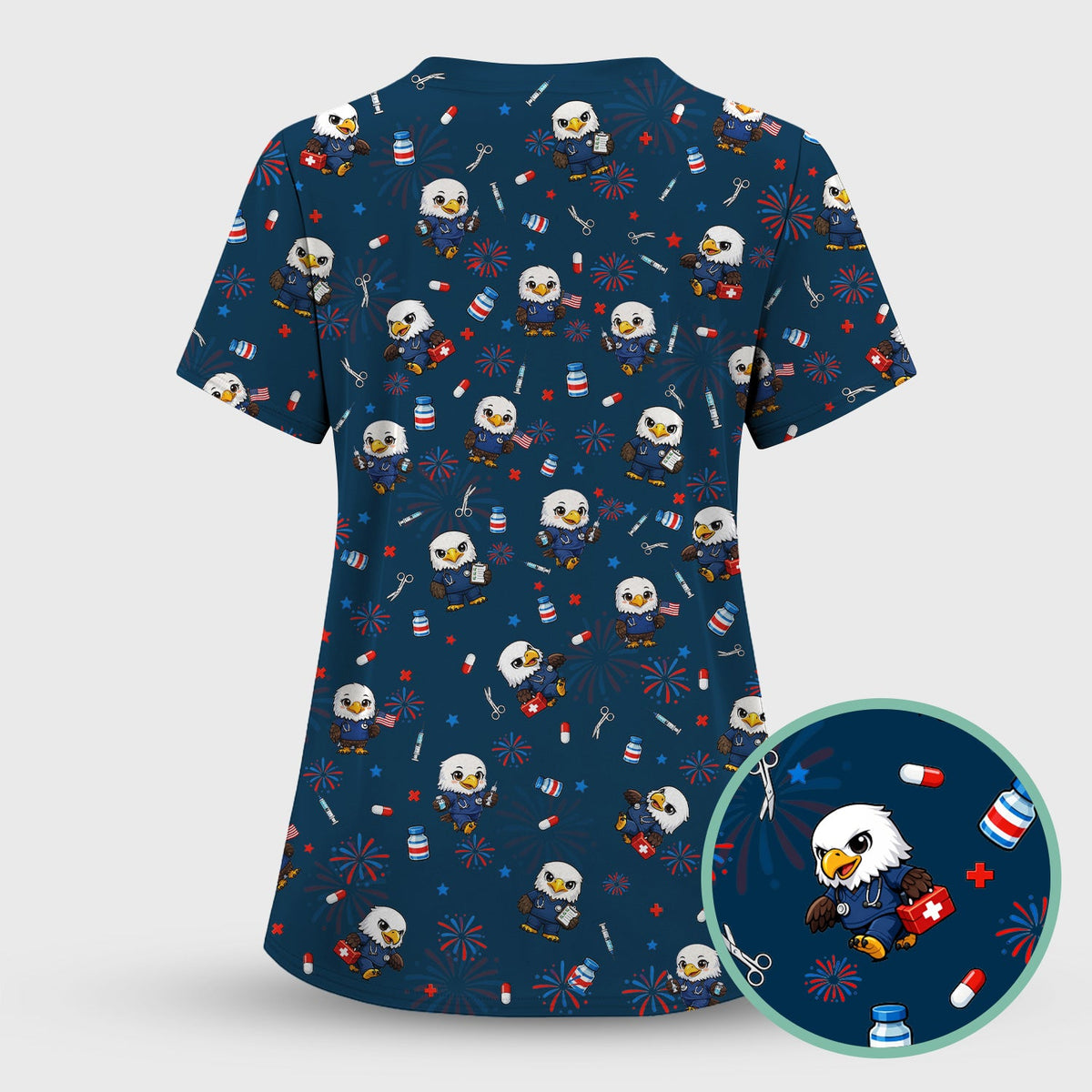 Patriotic Nurse Eagle Fireworks Medical Pattern Scrub Top, Breathable Fabrics Nursing Uniform