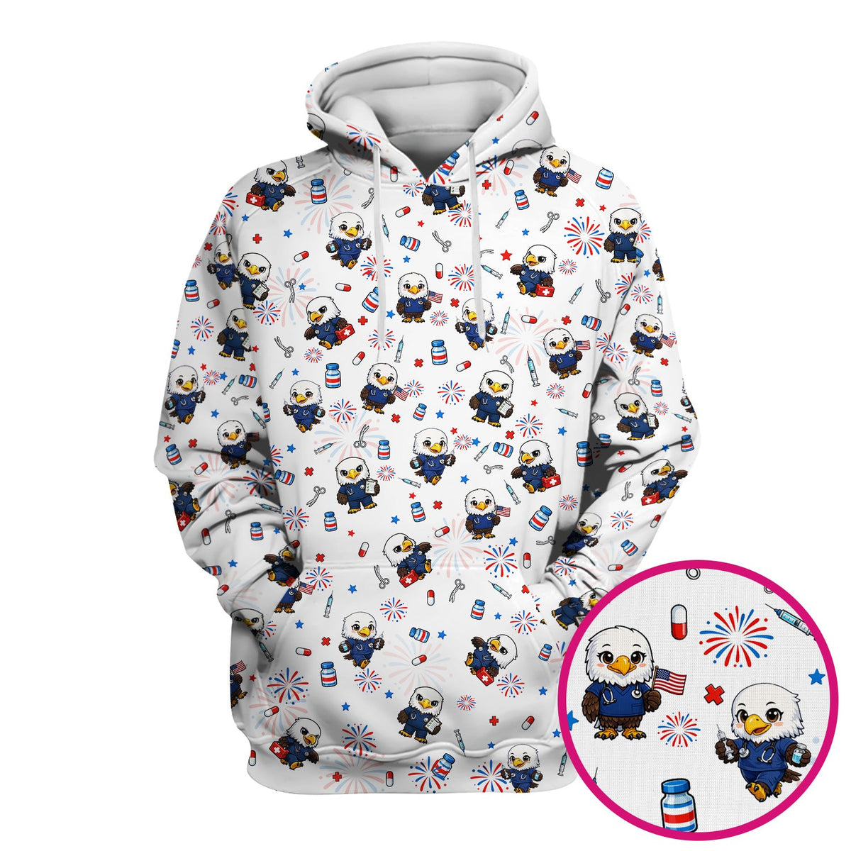 Patriotic Nurse Eagle Fireworks Medical Pattern Scrub Top, Breathable Fabrics Nursing Uniform