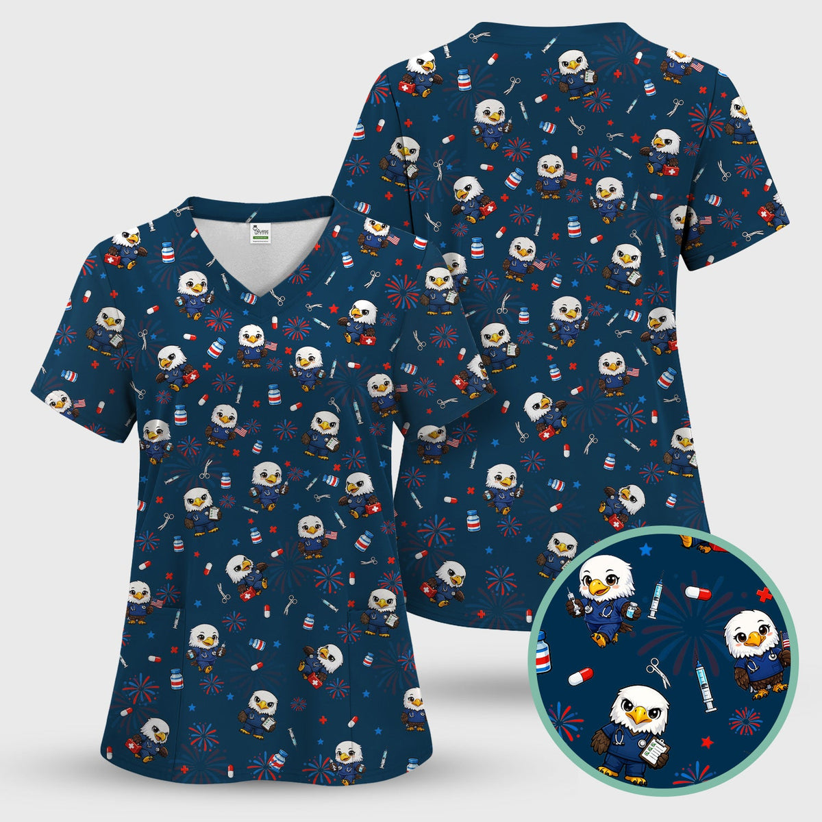 Patriotic Nurse Eagle Fireworks Medical Pattern Scrub Top, Breathable Fabrics Nursing Uniform