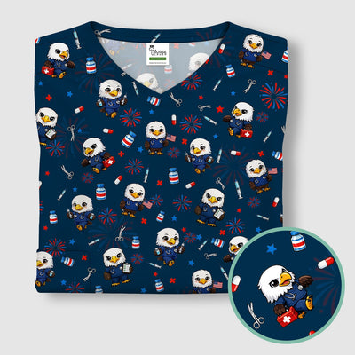 Patriotic Nurse Eagle Fireworks Medical Pattern Scrub Top, Breathable Fabrics Nursing Uniform