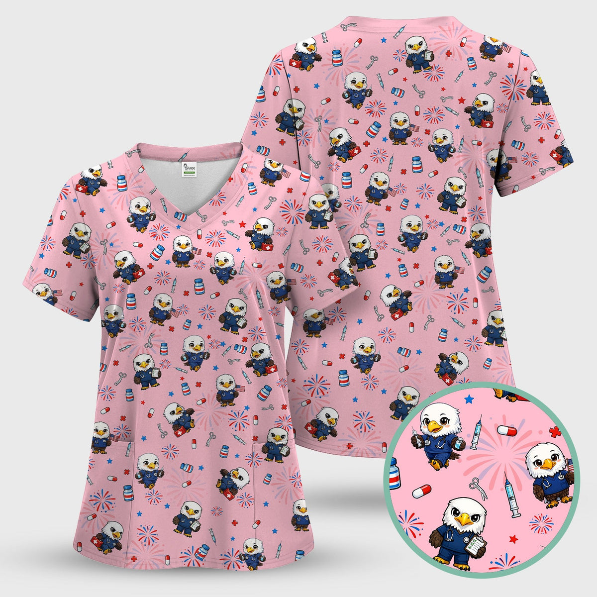 Patriotic Nurse Eagle Fireworks Medical Pattern Scrub Top, Breathable Fabrics Nursing Uniform