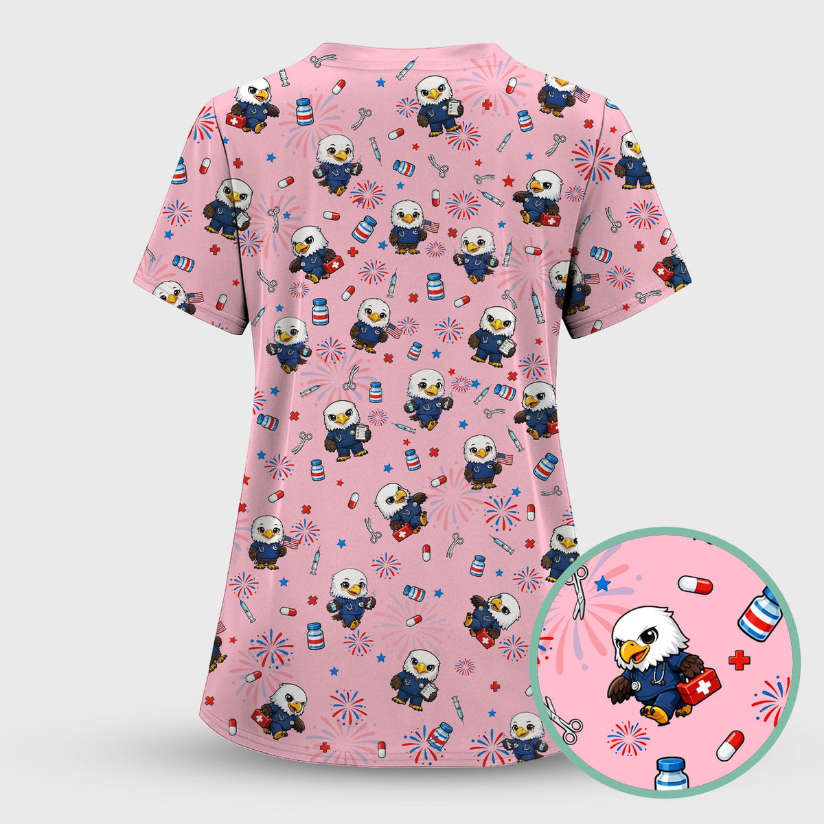 Patriotic Nurse Eagle Fireworks Medical Pattern Scrub Top, Breathable Fabrics Nursing Uniform