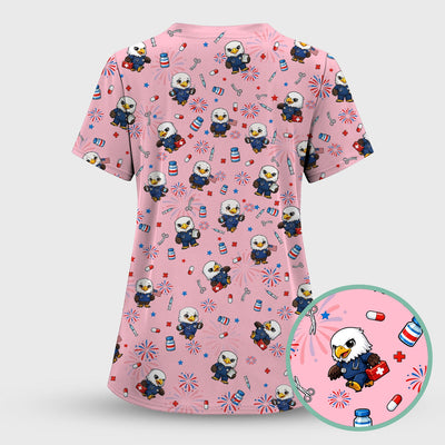 Patriotic Nurse Eagle Fireworks Medical Pattern Scrub Top, Breathable Fabrics Nursing Uniform