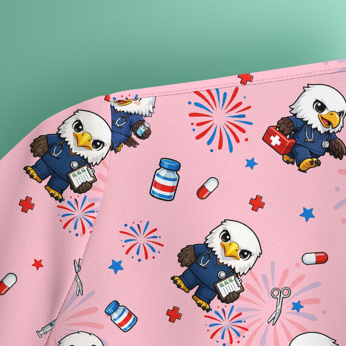 Patriotic Nurse Eagle Fireworks Medical Pattern Scrub Top, Breathable Fabrics Nursing Uniform