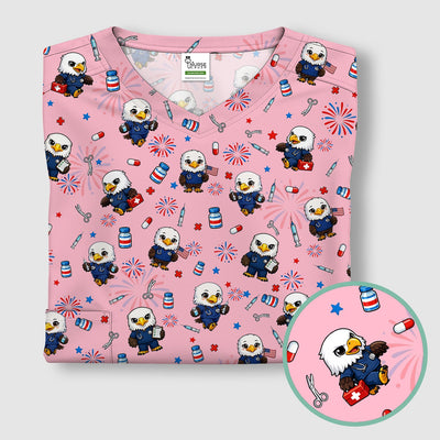 Patriotic Nurse Eagle Fireworks Medical Pattern Scrub Top, Breathable Fabrics Nursing Uniform