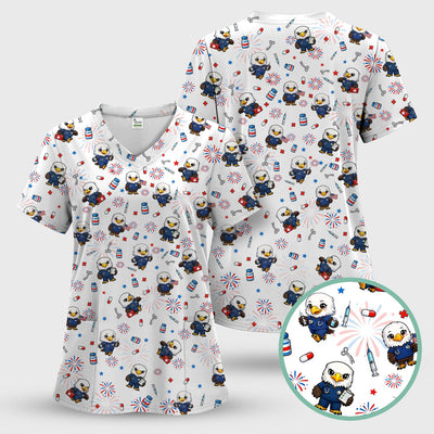 Patriotic Nurse Eagle Fireworks Medical Pattern Scrub Top, Breathable Fabrics Nursing Uniform