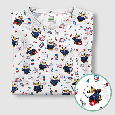 Patriotic Nurse Eagle Fireworks Medical Pattern Scrub Top, Breathable Fabrics Nursing Uniform
