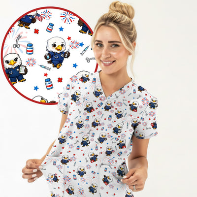 Patriotic Nurse Eagle Fireworks Medical Pattern Scrub Top, Breathable Fabrics Nursing Uniform