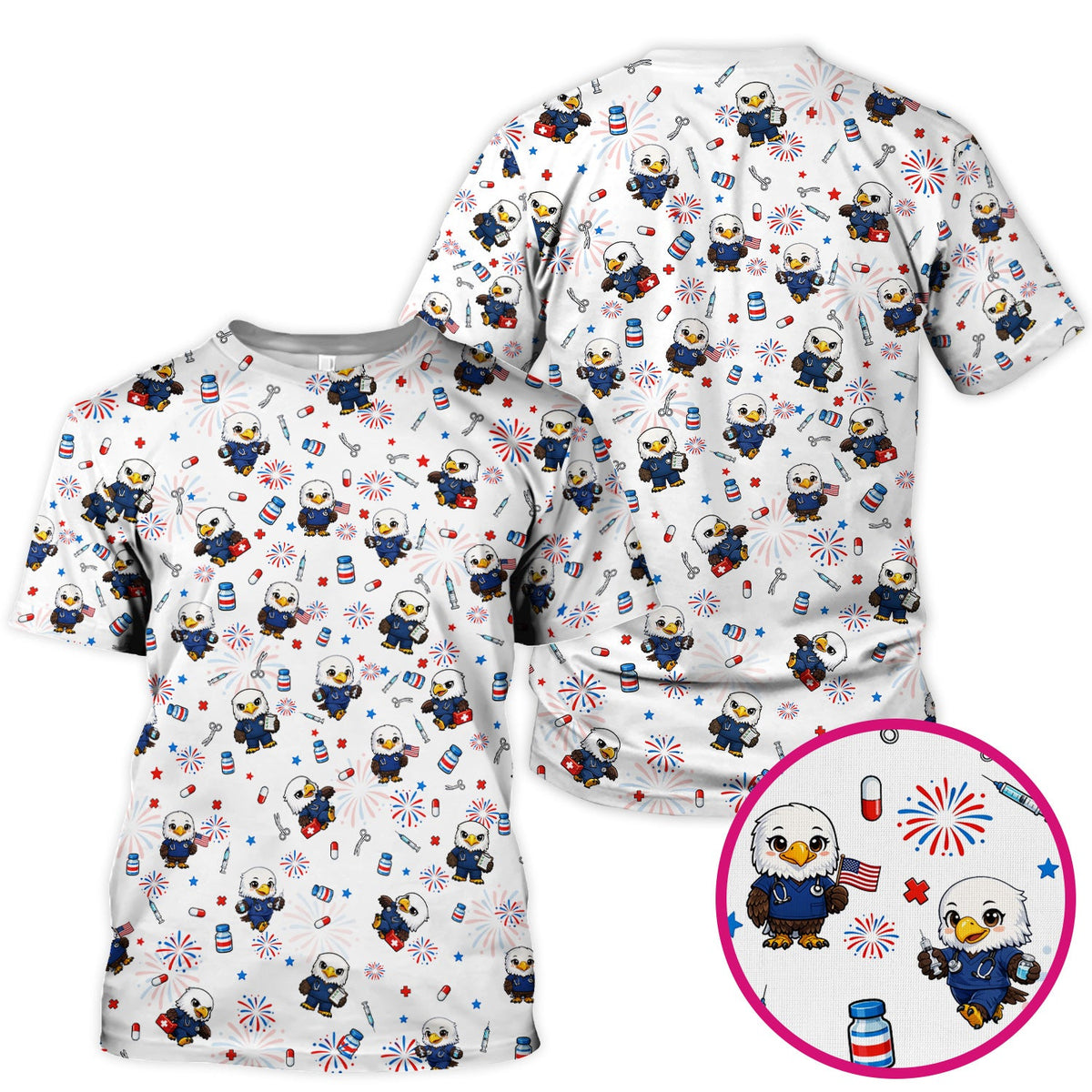 Patriotic Nurse Eagle Fireworks Medical Pattern Scrub Top, Breathable Fabrics Nursing Uniform